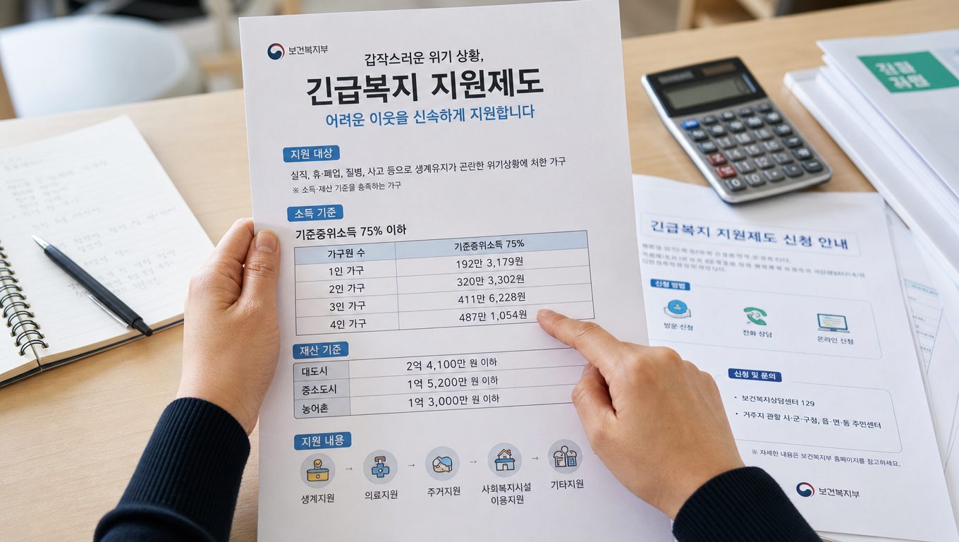 긴급복지 대상 위기 상황과 소득·재산 기준