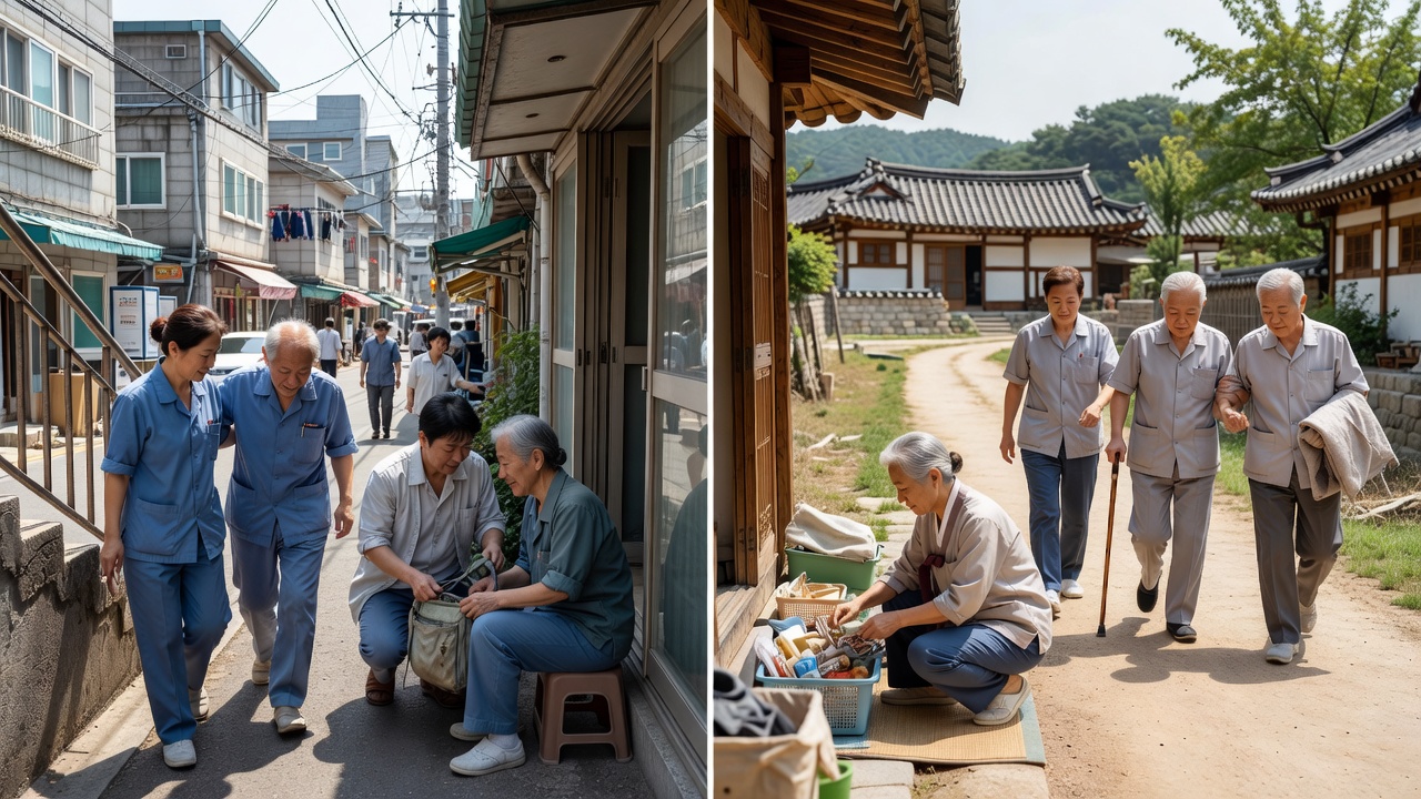 지역별 돌봄서비스 이용 격차를 나타내는 실생활 장면